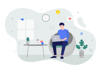 Freelancer with computer at home. young man sitting in armchair and using laptop, chatting online and smiling. vector illustration for distance work, freelance
. Modern vector flat illustration.