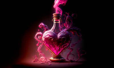 Love potion in a glass bottle dusty violet purple, on a dark background.  Image created with generative ai.  - obrazy, fototapety, plakaty