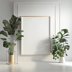 An elegant image of an empty square frame mockup in a luxurious minimalist interior, with tall leafy plants and a plush white rug.