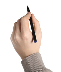 Man holding pen on white background, closeup of hand