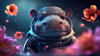 A cute baby hippo astronaut in space with floral and space background. Generative AI technology.