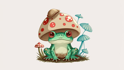 little frog with mushroom hat, on white background, vector, 2D digital art, illustration