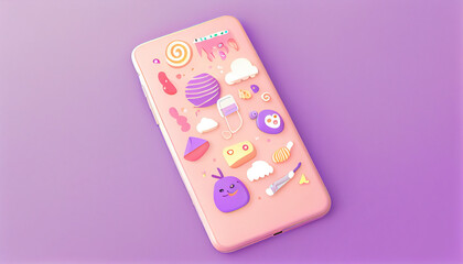 A playful image of a phone mockup without a hand, featuring a pink smartphone on a pastel purple background with whimsical illustrations.