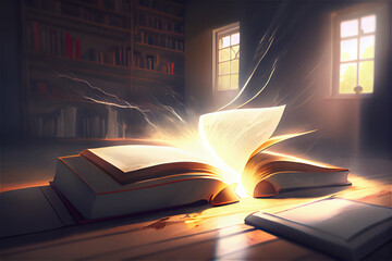 bright light coming out of an open book symbolizing knowledge and enlightenment, generative AI