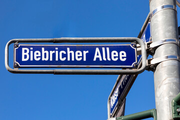 enamel street name plate with name Biebricher Allee engl: Biebrich alley in Wiesbaden