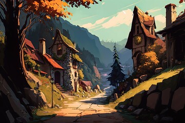 "Medieval Arcadia: A Vibrant Fantasy Landscape of Empty Streets, Enchanted Countryside, and Majestic Mountains AI Generated