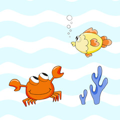 Cute crab tries to catch a fish swimming above him. Cartoon vector illustration on striped wavy background with copy space. 