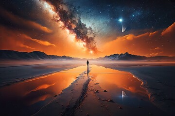 Reflections of the Milky Way: A Beach of Emptiness and Fluorescence AI Generated