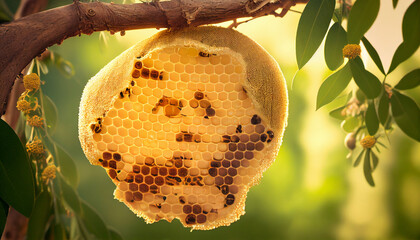 Natural beehive,yellow honey hive  hanging  on tree branch.Honey is a natural sweetener that can be used as a sugar substitute in healthy foods and beverages.