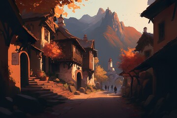 "Medieval Arcadia: A Vibrant Fantasy Landscape of Empty Streets, Enchanted Countryside, and Majestic Mountains AI Generated