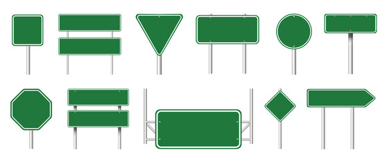 Different green blank road signs on white background, collage design