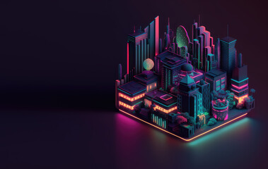Isometric trendy neon digital city, night view, isolated on dark background with copy space for text. 3d render illustration. Generative AI art.