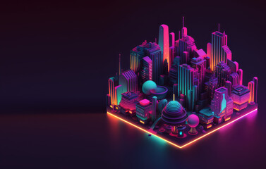Isometric neon digital exterior, night view, isolated on dark background with copy space for text. 3d render illustration. Generative AI art.
