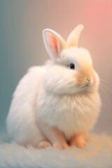 A fluffy white rabbit sits serenely against a soft-colored background, a symbol of Easter.