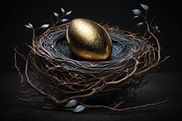 Beautiful shining golden egg in a bird's nest in easter monay. Fantasy, fairy tale atmosphere, glare, reflection, high resolution, art, generative artificial intelligence