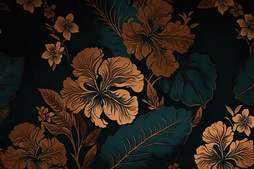 Fotobehang Repeating pattern of bronze hibiscus on dark paper. Background, ornament, creativity, high resolution, art, generative artificial intelligence © Svitlana