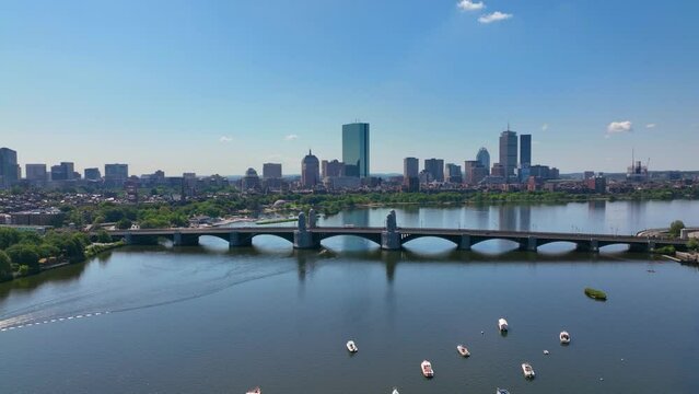Longfellow Bridge aerial view that connects city of Cambridge and Boston over Charles River with Back Bay skyline, Boston, Massachusetts MA, USA. 