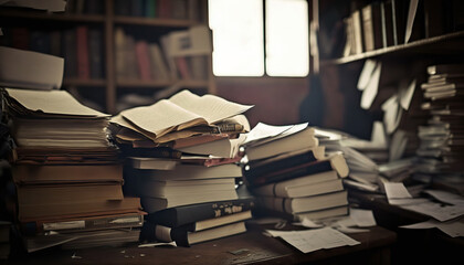 Library interior full of different books and magazines. Messy composition. Indoor background. AI generative image.