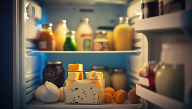 Fridge shelf full of different fresh and tasty food and drinks. AI generative image.
