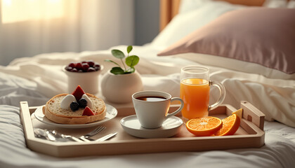 Cozy morning breakfast in bed on a tray. Orange juice, fruits and other tasty food. Indoor background. AI generative image.