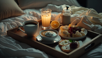 Fototapeta na wymiar Cozy morning breakfast in bed on a tray. Orange juice, fruits and other tasty food. Indoor background. AI generative image.