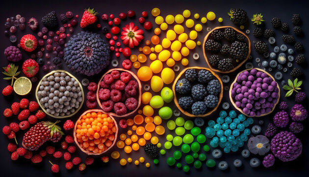 Beautiful multicolored composition made of different berries and fruits. Healthy organic food in rainbow colors. AI generative image.