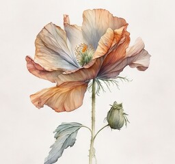 fading translucent poppy flower In translucent watercolour on white background Generative AI