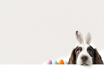 Background of cute puppy dog wearing bunny ears of Easter. Wallpaper illustration. Front view with copy space for text information or content. Concept of Happy Easter. Generative AI