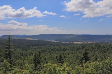 A view to the landscape with large forests around the mountain village Jizerka, Czech republic