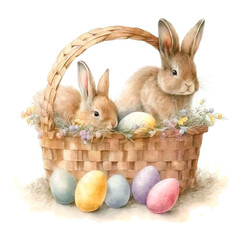 Watercolor two rabbits in basket with flowers. Easter illustration isolated on white background. Generative AI
