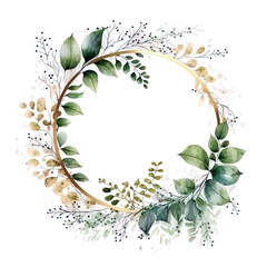Delicate greenery wreath with a gold hoop. Watercolor green leaf and foliage frame. Botanical painting. Generative AI