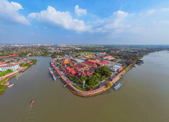 High angle aerial photography of the temple located on the water curve in Phra Nakhon Si Ayutthaya...