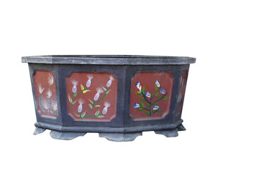 old and dirty grey and red large octagonal ceramic pot on white background, object, decor, nature, pottery, copy space