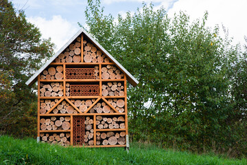 Wooden insect hotel, habitat for bugs and bees, rescue house, environment and ecology conversation,...