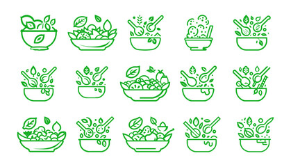 Salad icons set. Simple, flat, green, outline. Healthy foods. for your website or app. eps10