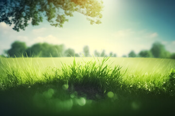 Fototapeta na wymiar A fresh spring sunny garden background of green grass and blurred natural landscape with green grass, sunlight in nature field. Spring background or summer background. generative ai