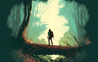 Fototapeta premium traveler standing on a fallen tree in the forest, illustration, Generative AI