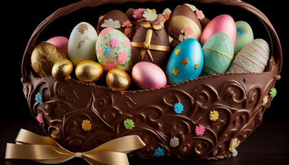 An Easter basket filled with eggs, chocolates and sweets typical of the date generative AI
