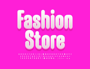 Vector stylish Signboard Fashion Store. Elegant White 3D Font. Modern set of Alphabet Letters and Numbers.
