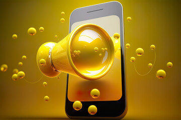 Notification message bell icon alert and alarm on yellow background with smartphone reminder. AI generated 3D illustration.