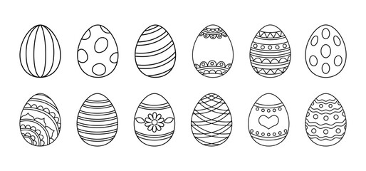Easter Eggs vector coloring collection. Isolated linear eggs with ornaments on white background