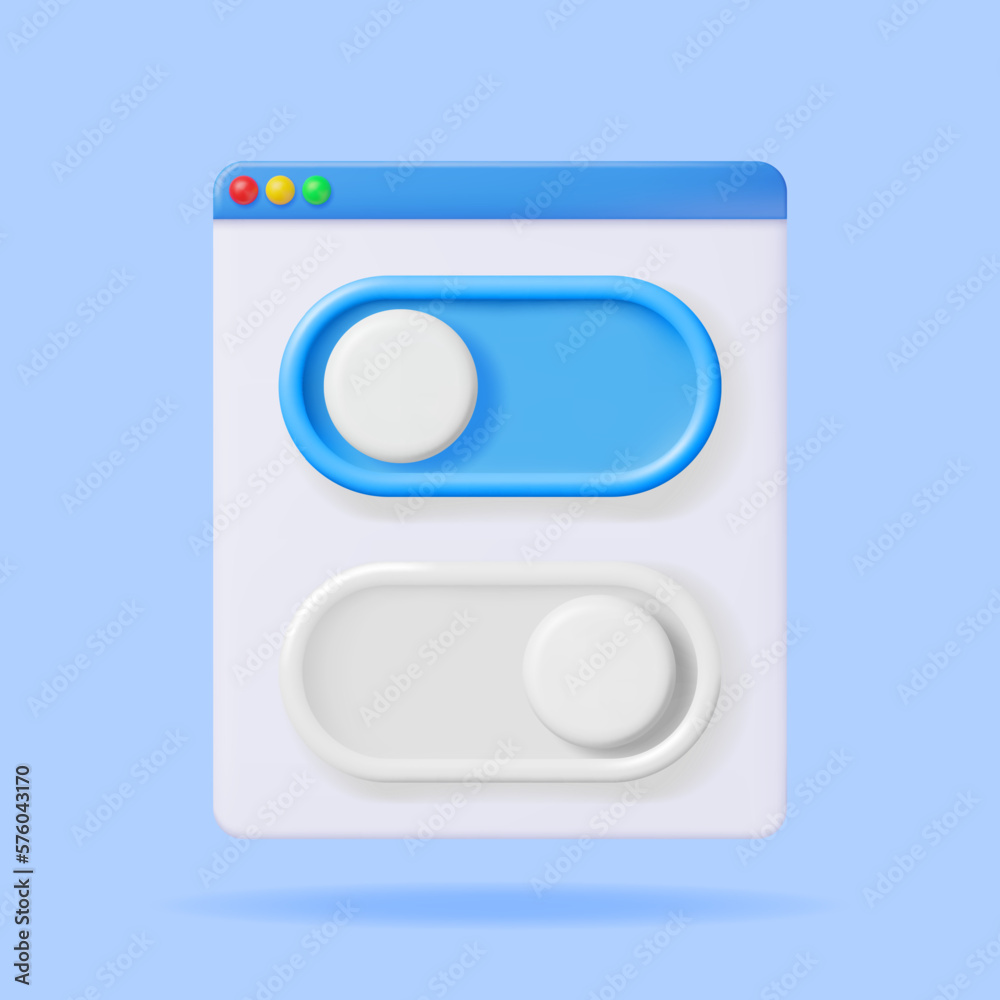 Poster 3d on and off buttons switch in browser window isolated. render slider bars selector. switcher yes o