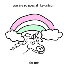 illustration of unicorn with rainbow, outline, colorful greeting card