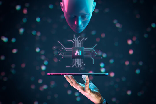 Artificial intelligence (AI service concept) represented by android head and chip with AI text and PCB design, cyberpunk color scheme