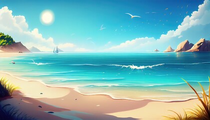 Fototapeta na wymiar Illustration of a beach with sun day time, Generative Ai