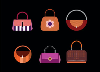 Colored design elements isolated on a black background Handbags and Clutches vector icon set. Collection of fashionable stylish women's handbags.