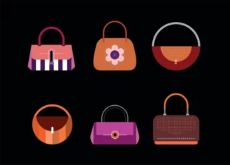 Photo sur Aluminium Art abstrait Colored design elements isolated on a black background Handbags and Clutches vector icon set. Collection of fashionable stylish women's handbags.