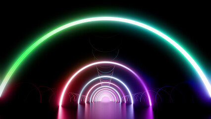Neon Line Tunnel glowing　Fluorescent light corridor stage  3D illustration background