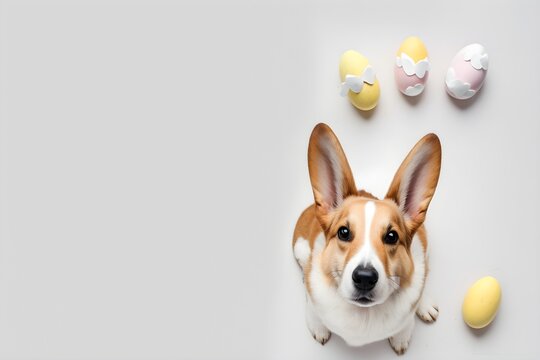 Background of cute puppy dog, with Easter colorful eggs. White Background. Wallpaper illustration. Top view with copy space for text information or content. Concept of Happy Easter. Generative AI