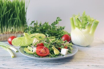 Salad of microgreens, avocado, tomatoes, cheese and arugula, on a plate, against the background of fennel and greens, recipe from natural ingredients, healthy food 